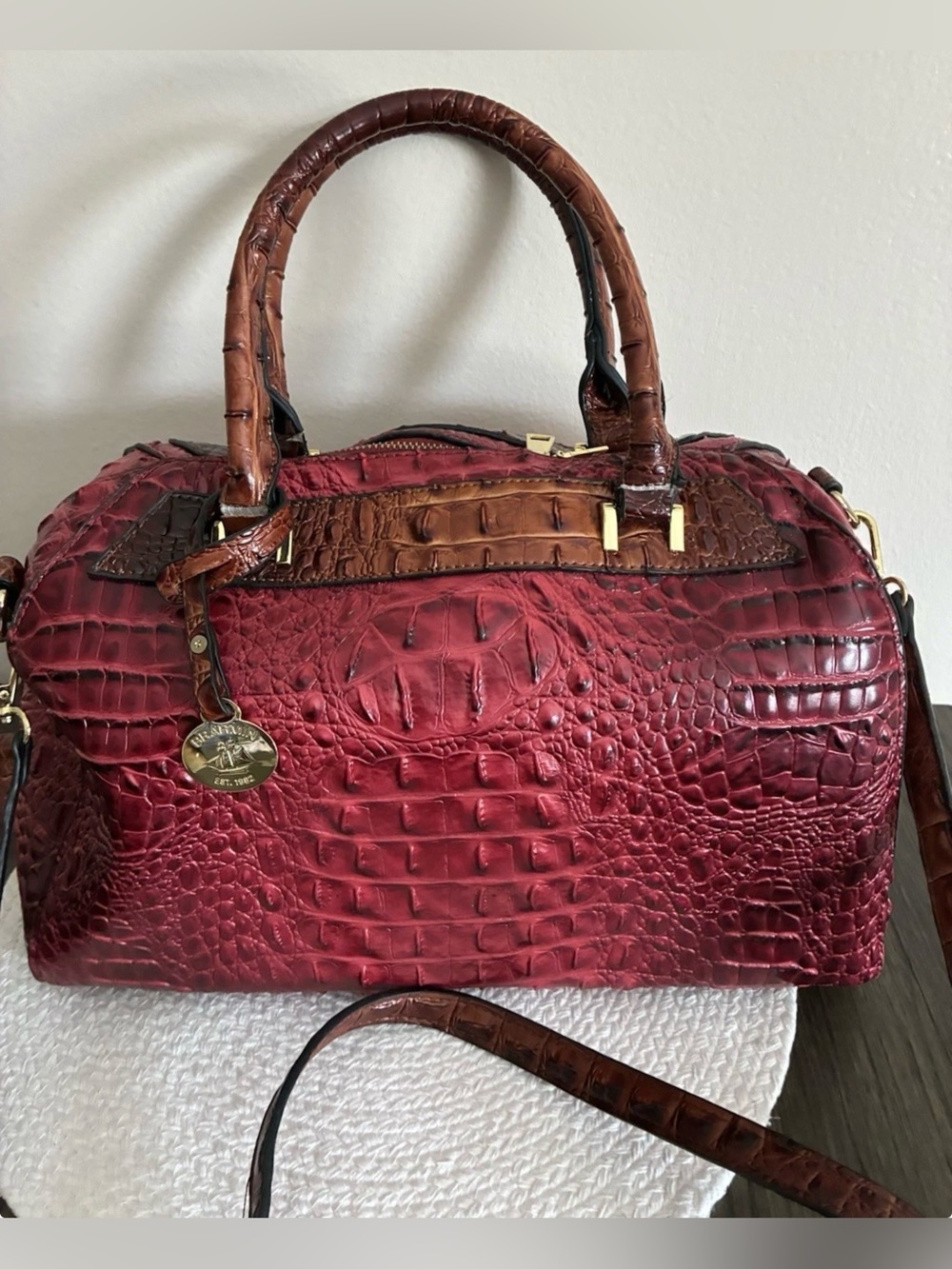 Brahman Croc-Embossed Red Top-Handle Satchel with Gold Hardware